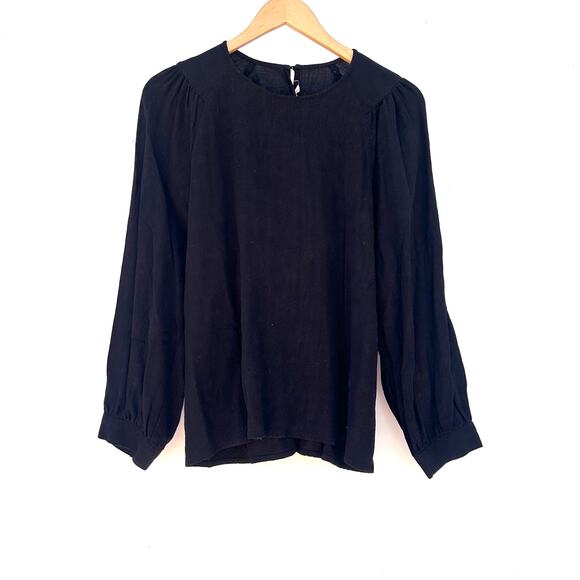 Ali Golden Black Long Sleeve Puff Shoulder Blouse Small Linen Shirt Top - Picture 3 of 10